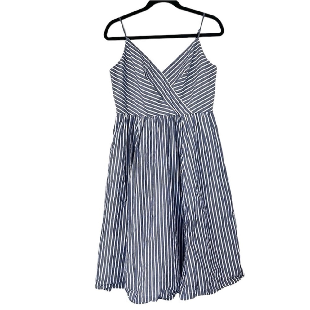 J. Crew 10 Midi Party Dress Shirting pin Stripes blue white full skirt classic - Picture 2 of 11